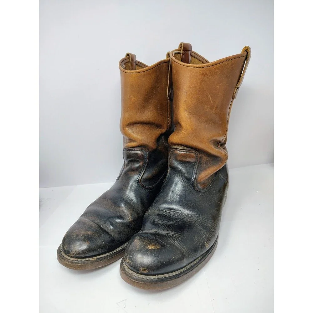 Red Wing Pecos Black Beige Leather Pull On Work Boots Mens Round Toe USA Made 10